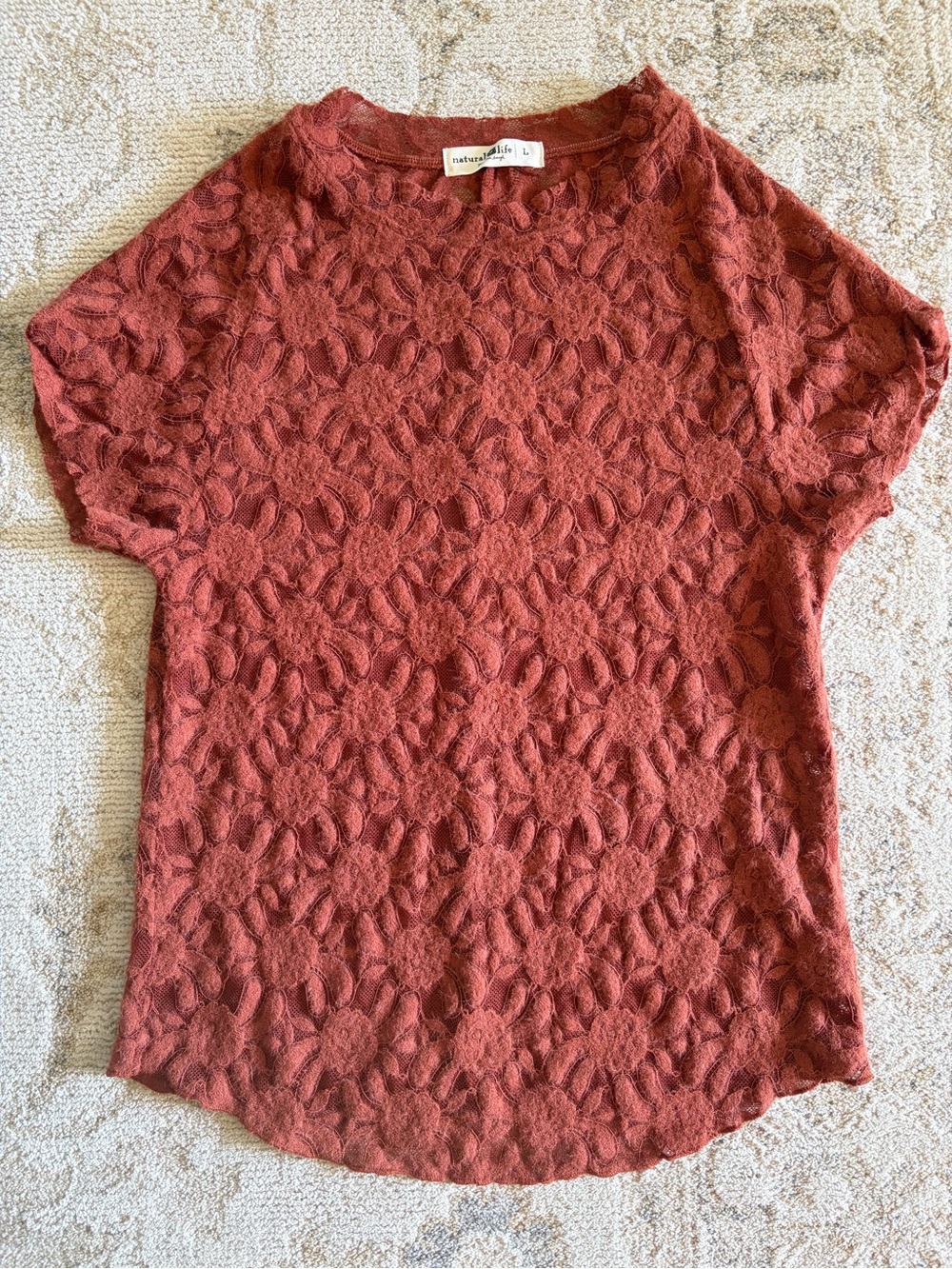 NATURAL LIFE Floral Lace Short Sleeve Top - Rusty Terracotta